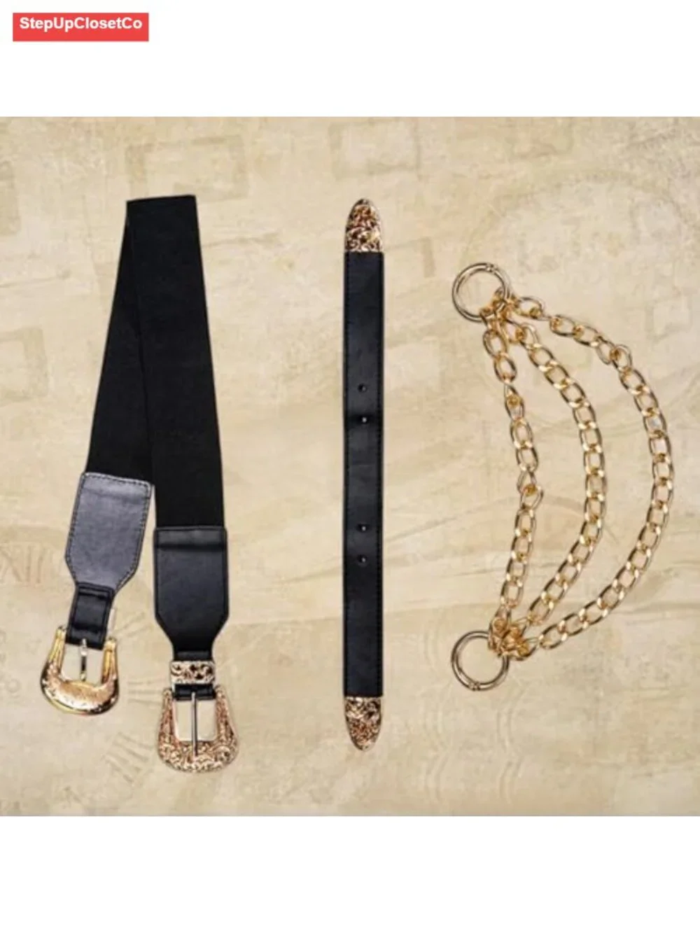Vintage Western Adjustable Elastic Belt with Double Buckle and Gold Chains for